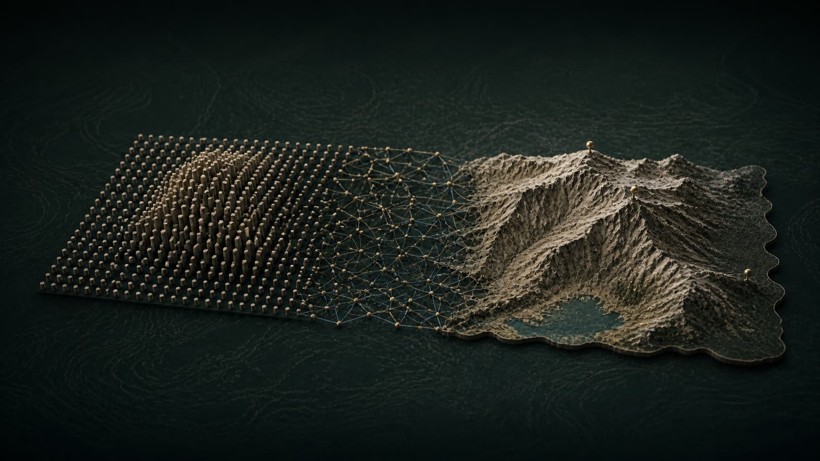 A field of elevation sample pins connecting into a triangular wire mesh that resolves into a tactile mountain relief model