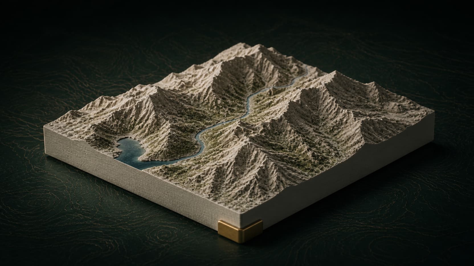 A matte mountain relief tile with closed side walls and a flat printable base resting on a dark topographic atlas