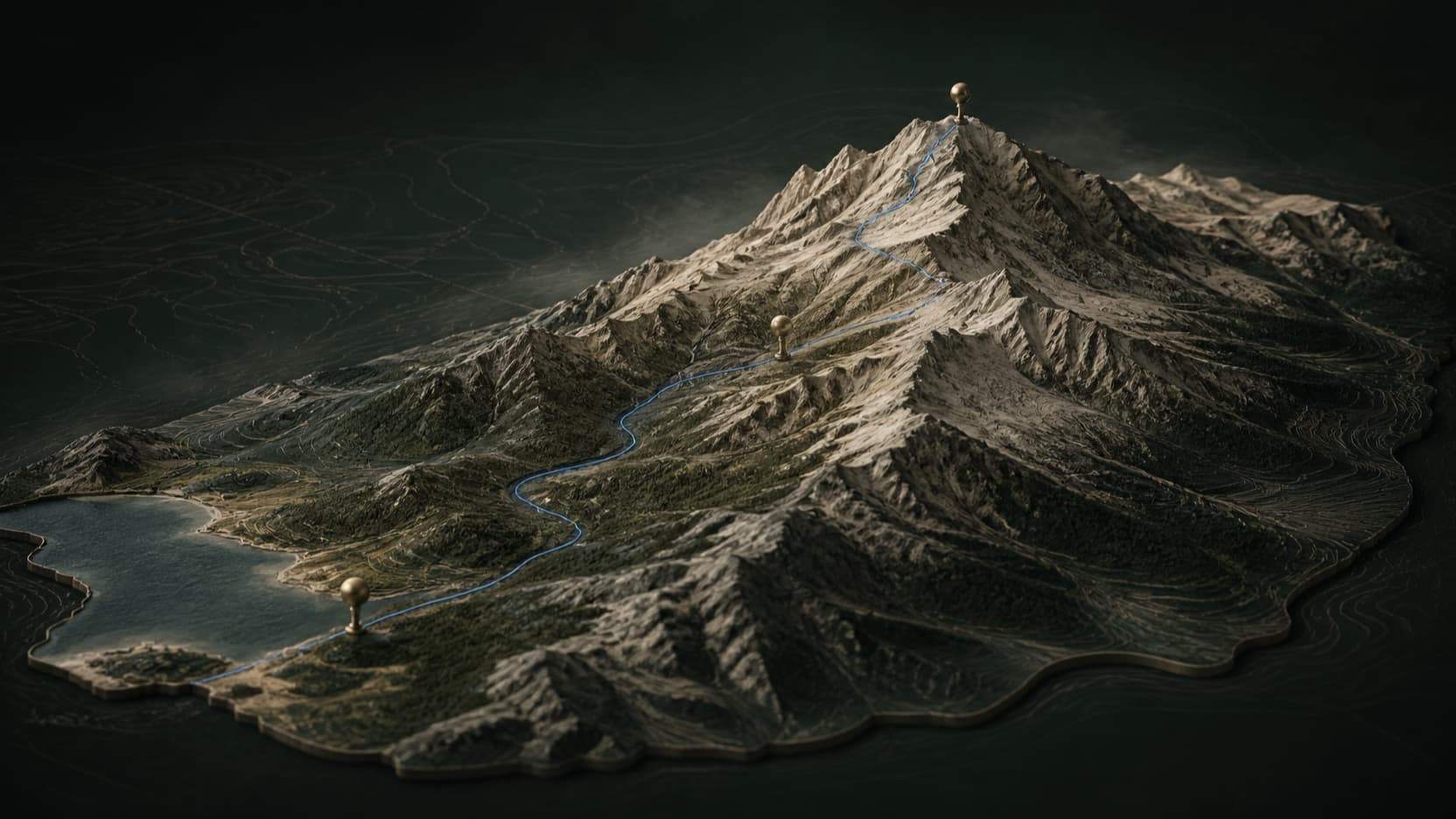 A raised-relief mountain map with a blue route connecting three restrained brass landmarks