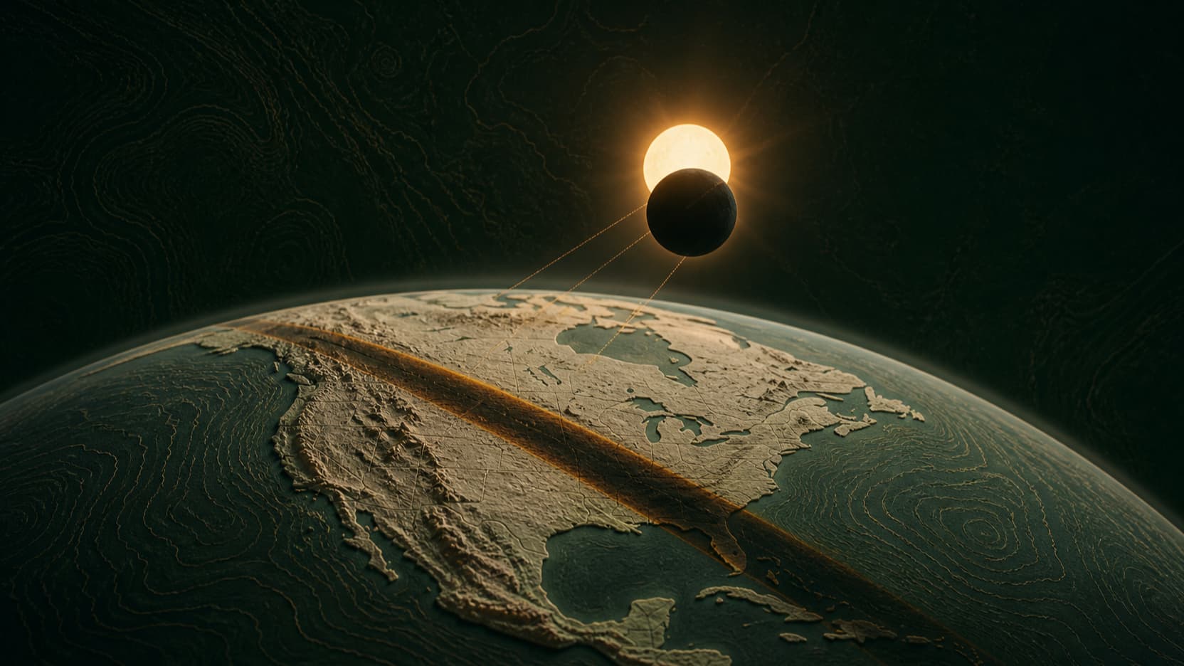 A tactile cartographic Earth beneath the aligned Moon and Sun, with the eclipse shadow crossing the surface