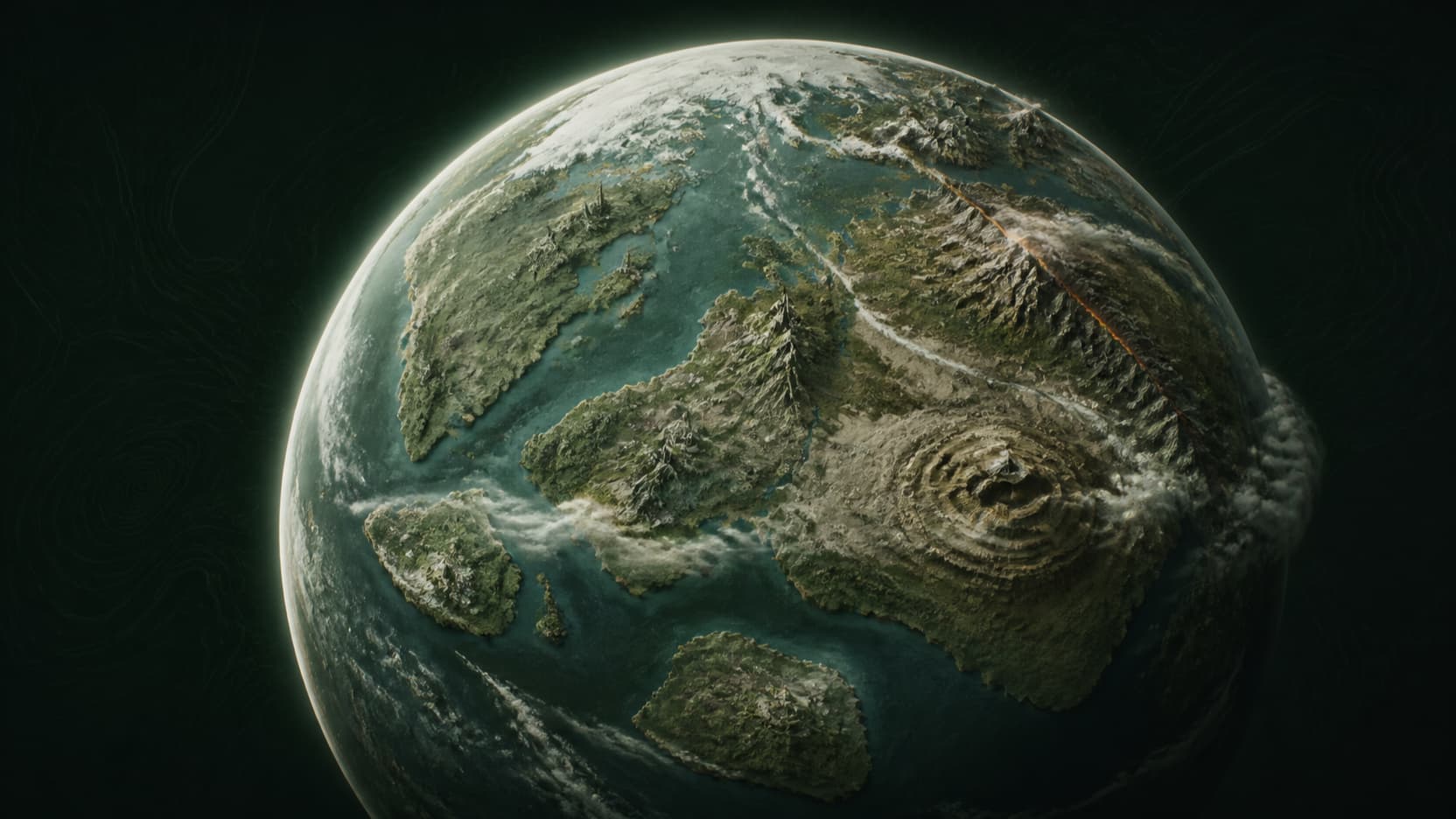 A fictional relief planet with continents, oceans, mountain systems and climate bands emerging from a dark atlas